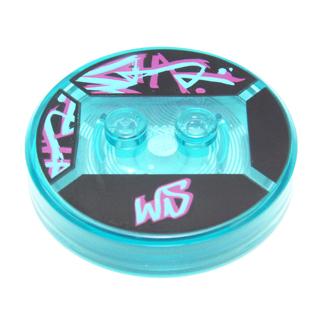 Dimensions Toy Tag 4 x 4 x 2/3 with 2 Studs and Trans-Light Blue Bottom with Medium Azure and Magenta 'WS' and Graffiti on Black Background Pattern (Wyldstyle) - Part - 18605c01pb02 - Trans-Light Blue - used - Qty:1