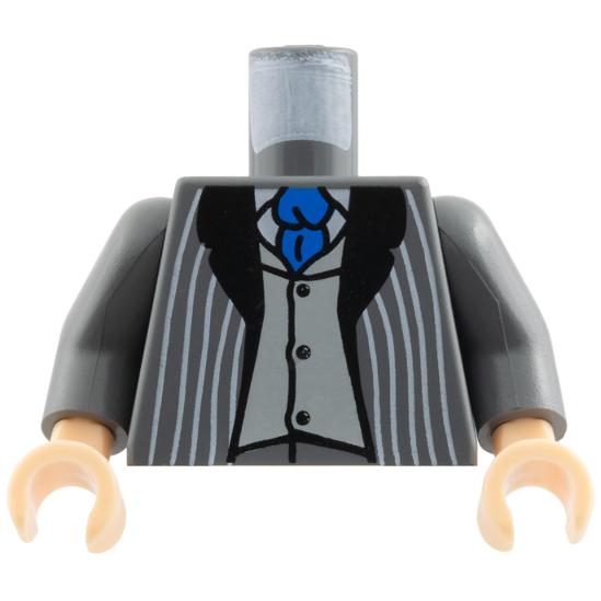 Torso Suit Jacket Open with Light Bluish Gray Pinstripes and Black Lapels over Vest with Buttons and White Shirt Blue Tie Pattern / Dark Bluish Gray Arms / Light Nougat Hands - Part - 973pb0060ac01 - Dark Bluish Gray - used - Qty:1