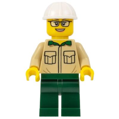 Construction Engineer / Architect - Female Tan Shirt Dark Green Legs White Construction Helmet - Minifigure - Used