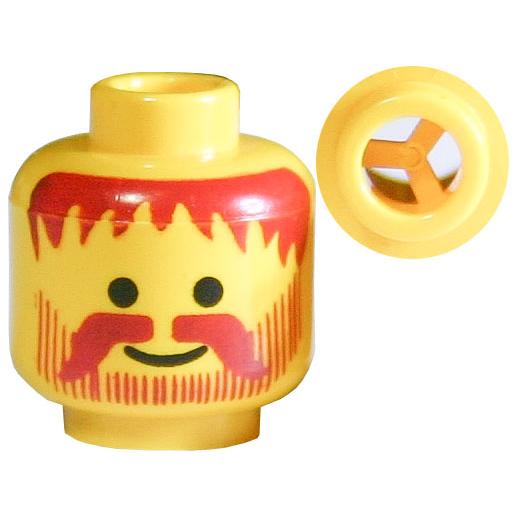 Minifigure Head Standard Grin with Dark Red Messy Hair Moustache and Vertical Lines Beard Pattern - Part - 3626pb0025 - Yellow - used - Qty:1