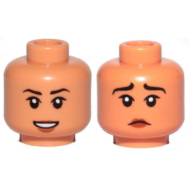 Minifigure Head Dual Sided Female Black Eyebrows Reddish Brown Lips Open Mouth Smile / Sad Pattern - Part - 3626pb2624 - Nougat - used - Qty:1