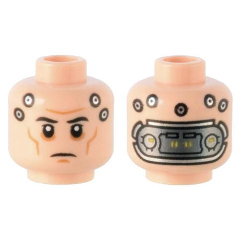 Minifigure Head Black Eyebrows Dark Orange Cheek Lines and Chin Dimple Silver Circles and Metal Mechanical Panel Pattern - Part - 3626pb2954 - Light Nougat - new - Qty:1