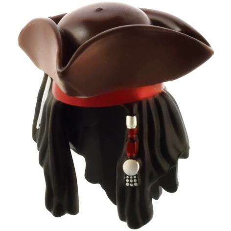 Minifigure Hair Combo Hair with Hat Dreadlocks over Shoulders Long with Dark Brown Pirate Tricorne / Triangle Dark Red Bandana White Stripe / Bone and Silver Beads Pattern - Part - 95220pb01 - Black - used - Qty:1
