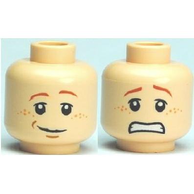Minifigure Head Dual Sided Dark Orange Eyebrows Upper Eyelids Nougat Freckles Lopsided Grin and Medium Nougat Chin Dimple / Scared Open Mouth with Teeth Pattern - Part - 3626pb0492 - Light Nougat - used - Qty:1