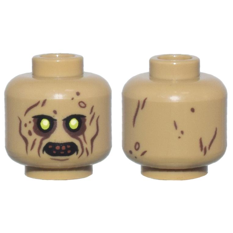 Minifigure Head Alien Zombie Upper Eyelids Lime Eyes Dark Brown Eye Shadow Cheek Lines Wrinkles and Spots Reddish Brown Bared Teeth Pattern - Part - 3626pb3650 - Dark Tan - used - Qty:1