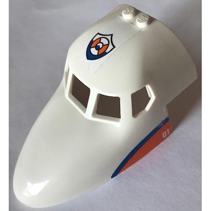 Aircraft Fuselage Forward Top Curved 6 x 10 x 4 with 5 Window Panes with Coast Guard Logo on Top and Blue Stripe on Orange Triangle with '01' Pattern on Both Sides (Stickers) - Set 60164 - Part - 18907pb05 - White - used - Qty:1