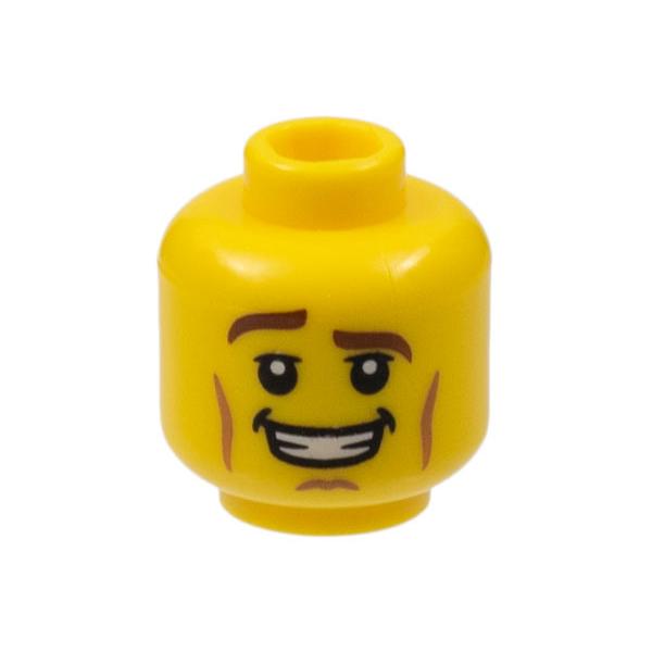 Minifigure Head Brown Eyebrows Raised Right Eyebrow Cheek Lines Open Mouth Smile with Teeth Pattern - Part - 3626pb0861 - Yellow - used - Qty:1