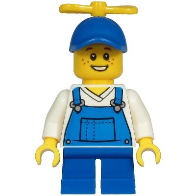 Child - Boy Blue Overalls over V-Neck Shirt Blue Short Legs Blue Cap with Yellow Tiny Propeller Freckles (Billy McCloud) - Minifigure - Used