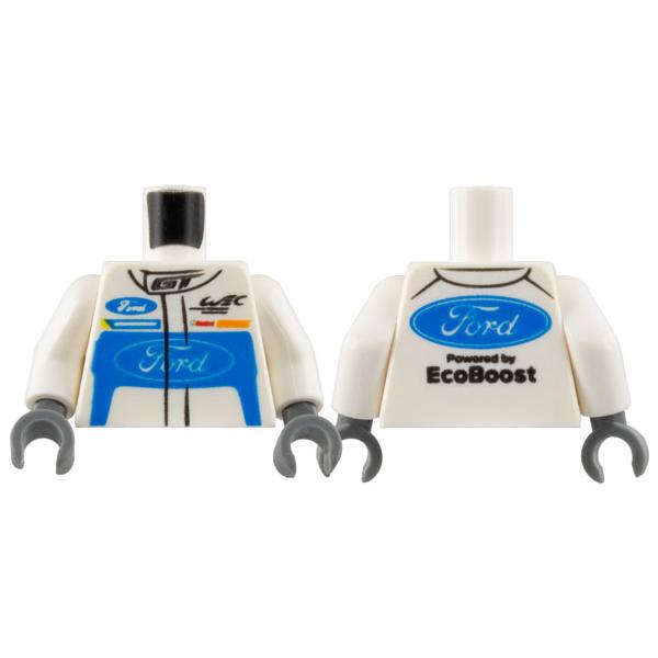 Torso Racing Suit with Ford Logo and 'GT' on Front and Ford Logo and 'Powered by EcoBoost' on Back Pattern / White Arms / Dark Bluish Gray Hands - Part - 973pb2635c01 - White - used - Qty:1