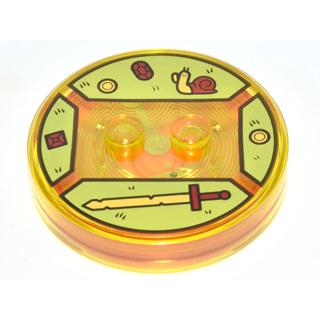 Dimensions Toy Tag 4 x 4 x 2/3 with 2 Studs and Trans-Orange Bottom with Bright Light Yellow and Dark Red Sword Snail and Jewels on Lime Background Pattern (Finn the Human) - Part - 18605c02pb05 - Trans-Yellow - used - Qty:1