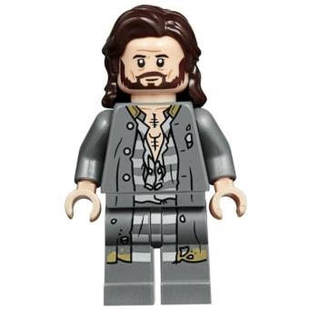 Sirius Black - Dark Brown Hair Dark Bluish Gray Jacket over Tattered Striped Shirt Printed Legs - Minifigure