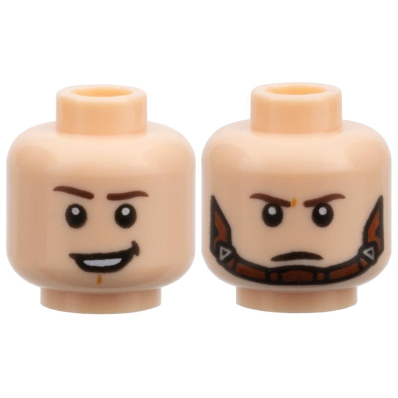 Minifigure Head Dual Sided Dark Brown Eyebrows Chin Dimple Lopsided Open Mouth Smile with Teeth / Frown with Reddish Brown Chin Strap Pattern - Part - 3626pb2558 - Light Nougat - used - Qty:1