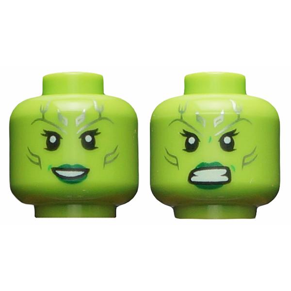 Minifigure Head Dual Sided Alien Female with Silver Tattoos Eyelashes Dark Green Lips Open Mouth Smile / Angry Pattern - Part - 3626pb1825 - Lime - used - Qty:1
