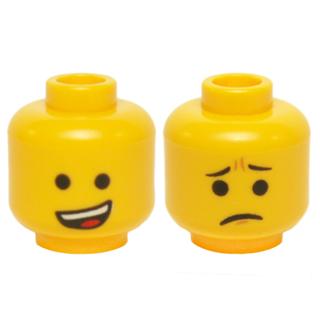 Minifigure Head Dual Sided Open Lopsided Smile / Pinched Eyebrows and Frown Pattern (Emmet) - Part - 3626pb1243 - Yellow - used - Qty:1