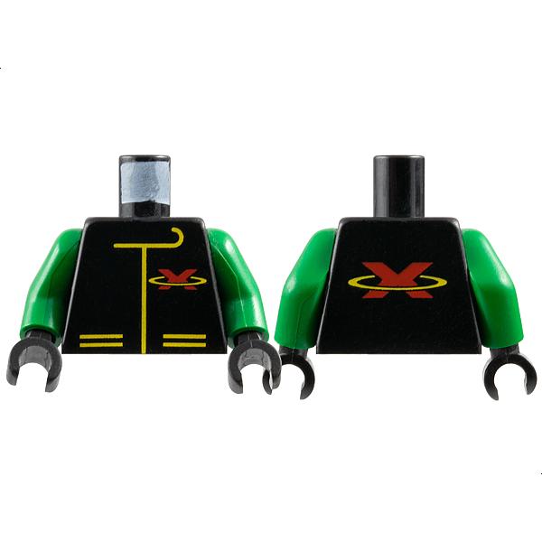 Torso Racing Suit with Red Letter X Extreme Team Logo and Yellow Lines Pattern / Green Arms / Black Hands - Part - 973p8ac01 - Black - used - Qty:1