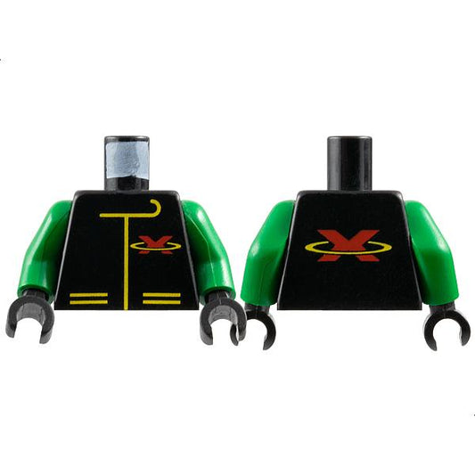 Torso Racing Suit with Red Letter X Extreme Team Logo and Yellow Lines Pattern / Green Arms / Black Hands - Part - 973p8ac01 - Black - used - Qty:1