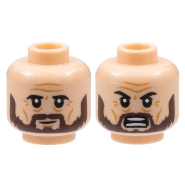 Minifigure Head Dual Sided Black Eyebrows Dark Brown Beard Crow's Feet Neutral / Fierce Pattern - Part - 3626pb3059 - Light Nougat - used - Qty:1