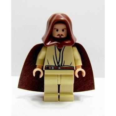 Qui-Gon Jinn - Light Nougat Head with Black Chin Dimple Brown Hood and Cape - Minifigure - New