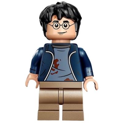 Harry Potter - Dark Blue Open Jacket over Sand Blue Shirt with Dirt Stains Printed Arms Dark Tan Medium Legs - Minifigure - Used