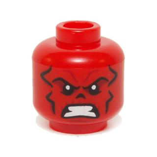 Minifigure Head Alien with Black and Dark Red Contour Lines Nose Hole / Nasal Cavity and White Bared Teeth Pattern - Part - 3626pb1135 - Red - used - Qty:1