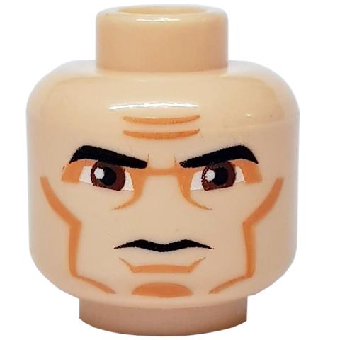 Minifigure Head Black Thick Eyebrows Large Reddish Brown Eyes Nougat Eye Shadow Cheek Lines and Chin Dimple Furrowed Brow Stern Pattern - Part - 3626pb0314 - Light Nougat - used - Qty:1