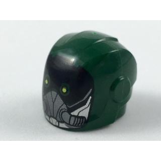 Minifigure Headgear Helmet Armor Plates and Ear Protectors with Black Mask with Yellow Eyes and Dark Silver Breather Pattern - Part - 28631pb05 - Dark Green - used - Qty:1