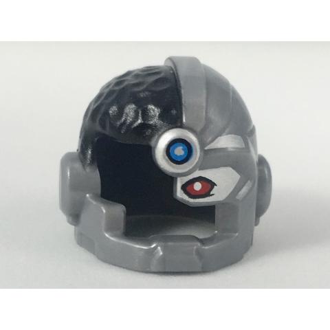 Minifigure Headgear Helmet Cyborg Side Open with Black Top Side Red Eye and Dark Azure Dot Pattern - Part - 19026pb02 - Flat Silver - used - Qty:1