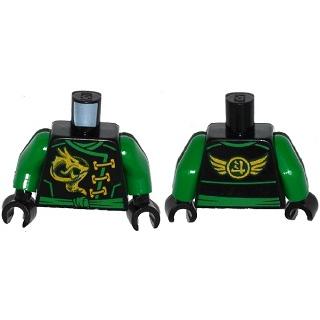 Torso Ninjago Robe with Gold Dragon Green Sash and Ninjago Logogram 'Energy' and Wings on Reverse Pattern / Green Arms / Black Hands - Part - 973pb2300c01 - Black - new - Qty:1