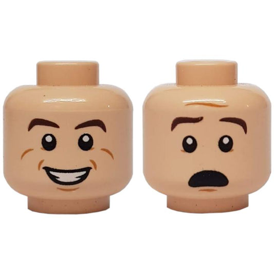 Minifigure Head Dual Sided Brown Eyebrows White Pupils Smile with Teeth / Scared Pattern (Ray Stantz) - Part - 3626pb1128 - Light Nougat - new - Qty:1