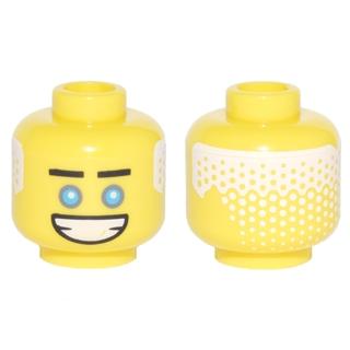 Minifigure Head Black Straight Eyebrows Dark Azure Eyes Wide Open Mouth Smile with Teeth White Pixelated Hair on Back Pattern - Part - 3626pb1876 - Yellow - new - Qty:1