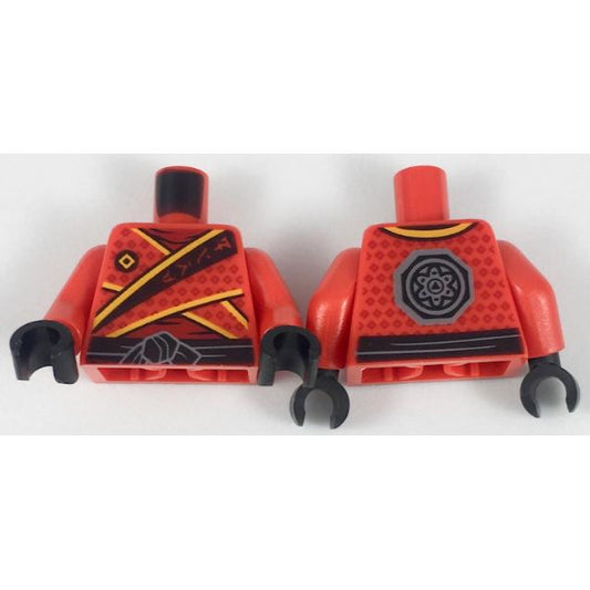 Torso Tunic with Bright Light Orange Trim Diamonds and Ninjago Logogram 'FIRE' over Dark Red Shirt Black Waist Sash with Knot Dark Bluish Gray Octagon Logo on Back Pattern / Red Arms / Black Hands - Part - 973pb3048c01 - Red - used - Qty:1