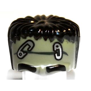 Minifigure Headgear Head Top Frankenstein Monster with Black Hair and Safety Pins Pattern - Part - 93556pb02 - Olive Green - used - Qty:1