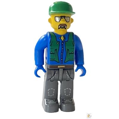 Construction Worker with Blue Shirt Green Vest and Cap Sunglasses and Moustache - Minifigure - Used