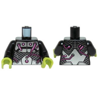 Torso Armor with Silver Metal Plates and Dark Pink Electrical Wires and Buttons Pattern / Black Arms / Lime Hands - Part - 973pb1835c01 - Black - used - Qty:1
