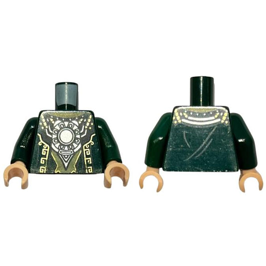 Torso Asian Robe with Gold Stitchery and Round Silver Pendant Pattern / Dark Green Arms / Light Nougat Hands - Part - 973pb1393c01 - Dark Green - used - Qty:1