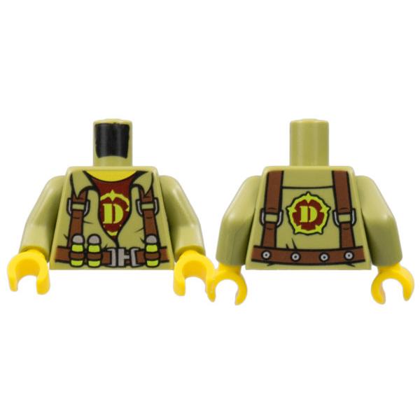 Torso Dino Shirt with Reddish Brown Harness Silver Buckle and Dark Red Undershirt with Lime Capital Letter D Pattern / Olive Green Arms / Yellow Hands - Part - 973pb0990c01 - Olive Green - used - Qty:1