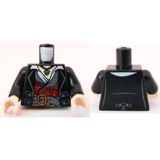 Torso PotC Topcoat with Red and Gold Vest and Dark Bluish Gray Belt Pattern / Black Arms / Light Nougat Hands - Part - 973pb0872c01 - Black - used - Qty:1