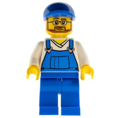 Overalls Blue over V-Neck Shirt Blue Legs Blue Short Bill Cap Beard and Glasses - Minifigure - New