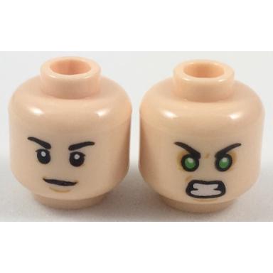 Minifigure Head Dual Sided Black Eyebrows Neutral / Green Eyes Angry Pattern - Part - 3626pb1941 - Light Nougat - used - Qty:1