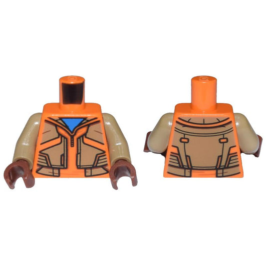 Torso Jacket with Dark Tan Panels over Dark Azure Shirt Pattern / Dark Tan Arms / Reddish Brown Hands - Part - 973pb5134c01 - Orange - used - Qty:1