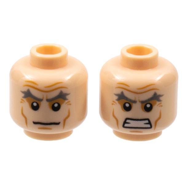 Minifigure Head Dual Sided Dark Bluish Gray Bushy Eyebrows Medium Nougat Wrinkles and Cheek Lines Neutral / Bared Teeth Pattern - Part - 3626pb0707 - Light Nougat - used - Qty:1