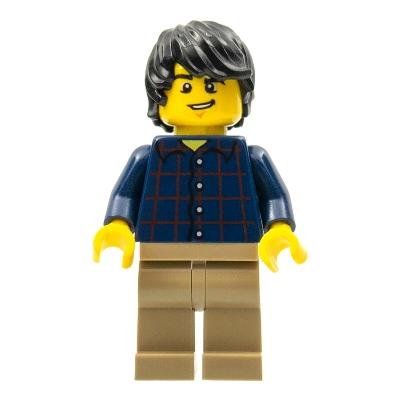 Plaid Button Shirt Dark Tan Legs Black Tousled Hair Lopsided Grin Chin Dimple - Minifigure