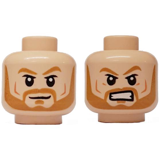 Minifigure Head Dual Sided Medium Nougat Eyebrows and Beard Smirk / Angry with Bared Teeth Pattern - Part - 3626pb1307 - Light Nougat - used - Qty:1