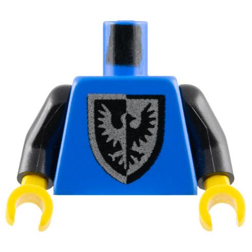 Torso Castle Black Falcon with Shield Bottom Round Pattern / Black Arms / Yellow Hands - Part - 973p43c01 - Blue - used - Qty:1