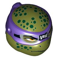 Minifigure Head Modified Ninja Turtle Type 2 with Dark Purple Mask and Dark Green Spots Pattern (Donatello) - Part - 16640pb04 - Olive Green - used - Qty:1