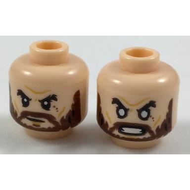 Minifigure Head Dual Sided Black Eyebrows Reddish Brown Beard Neutral / Angry with White Eyes Pattern - Part - 3626pb1924 - Light Nougat - used - Qty:1