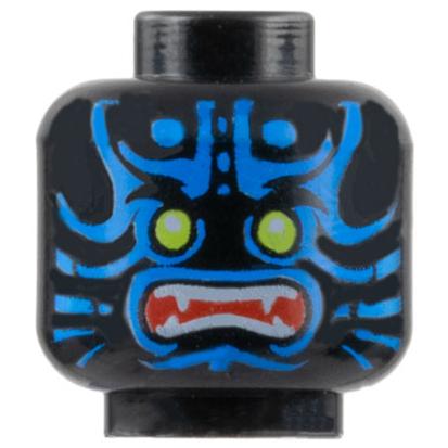 Minifigure Head Alien with Lime Eyes Blue Markings Angry Open Red Mouth with Sharp Teeth Parted Pattern - Part - 3626pb0844 - Black - used - Qty:1