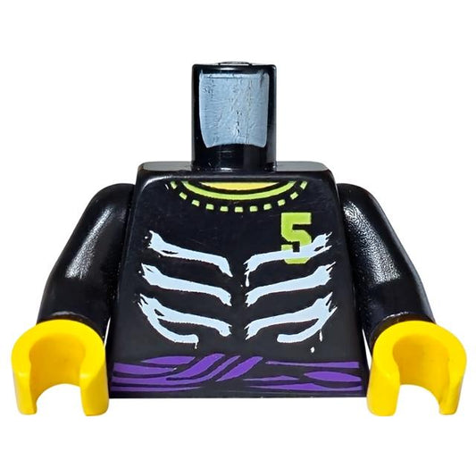 Torso Ninjago Skeleton Ribs White Purple Waist Sash and Number 5 Pattern / Black Arms / Yellow Hands - Part - 973pb1019c01 - Black - used - Qty:1