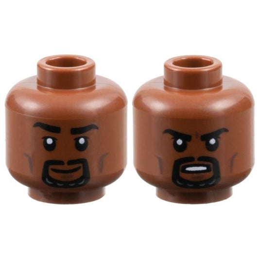 Minifigure Head Dual Sided Black Eyebrows and Goatee Dark Brown Cheek Lines and Chin Dimple Grin / Open Mouth Scowl with Teeth Pattern - Part - 3626pb3462 - Reddish Brown - new - Qty:1