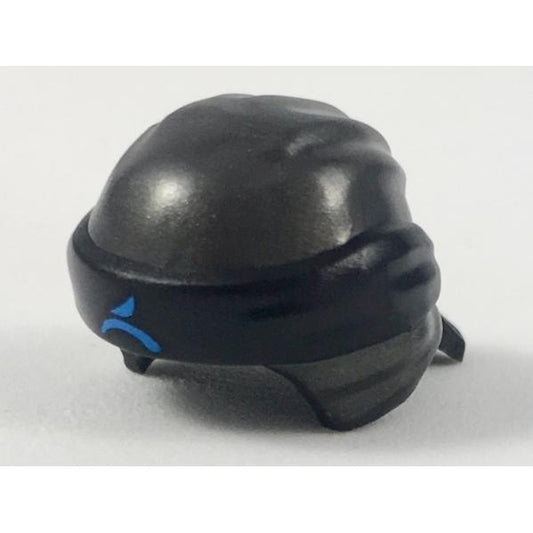 Minifigure Headgear Ninjago Wrap Type 3 with Molded Black Bandana and Knot and Printed Dark Azure Ninjago Logogram Letter W Pattern - Part - 24496pb13 - Pearl Dark Gray - used - Qty:1